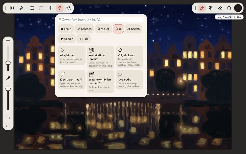 Het AI-menu van 2create over een schilderij van een gracht bij nacht: AI kijkt mee, wat vindt de leraar, volg de leraar en meer.