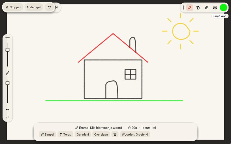 Het spel Raad de tekening in 2create: een tekening met dikke stift en de spelbalk met tijd en punten.